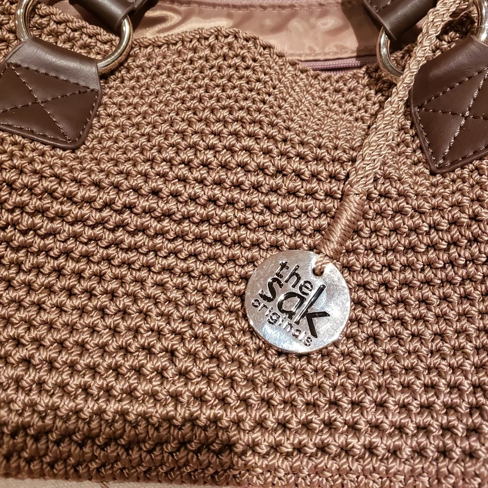 Saks Taupe Brown Crochet Shoulder Bag Tote - Picture 3 of 14